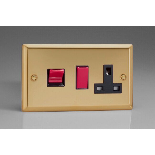 Varilight Classic 45A Cooker Panel with 13A Double Pole Switched Socket Outlet (Red Rocker) Black Victorian Brass Black/Red Inserts