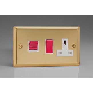 Varilight Classic 45A Cooker Panel with 13A Double Pole Switched Socket Outlet (Red Rocker) White Victorian Brass White/Red Inserts