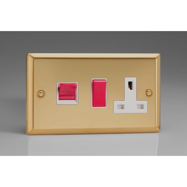 Varilight Classic 45A Cooker Panel with 13A Double Pole Switched Socket Outlet (Red Rocker) White Victorian Brass White/Red Inserts