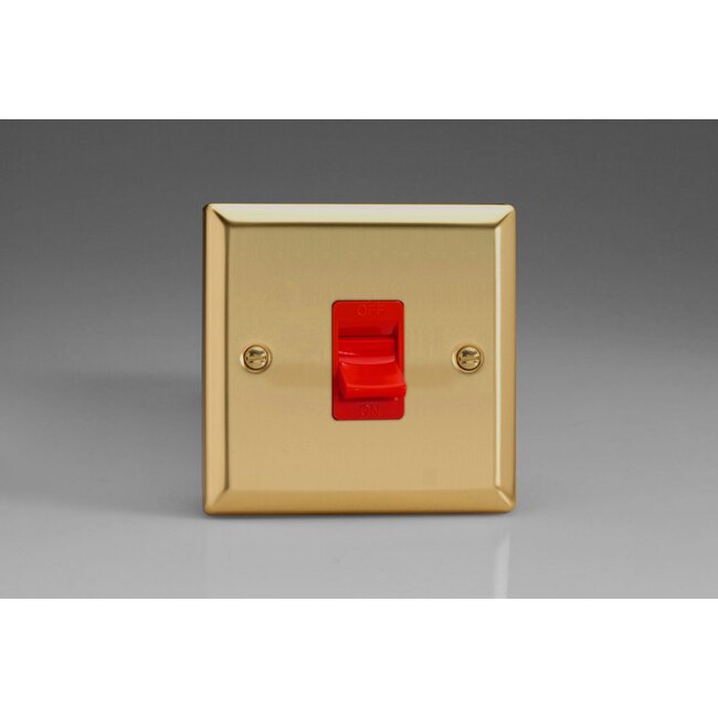 Varilight Classic 45A Cooker Switch (Single Plate, Red Rocker) Red Victorian Brass Red Insert
