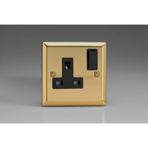 Varilight Classic 1-Gang 13A Double Pole Switched Socket Black Victorian Brass Black Inserts Varilight Classic 1-Gang 13A Double Pole Switched Socket Black Victorian Brass Black Inserts