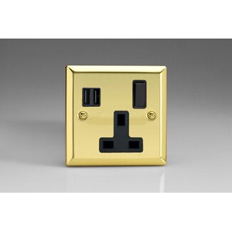 Varilight Classic 1-Gang 13A Single Pole Switched Socket + 2x5V DC 3400mA USB Charging Ports  Black Victorian Brass Black Inserts