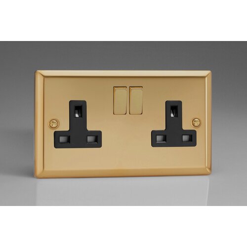 Varilight Classic 2-Gang 13A Double Pole Switched Socket with Metal Rockers Black Victorian Brass Brass/Black Inserts Varilight Classic 2-Gang 13A Double Pole Switched Socket with Metal Rockers Black Victorian Brass Brass/Black Inserts