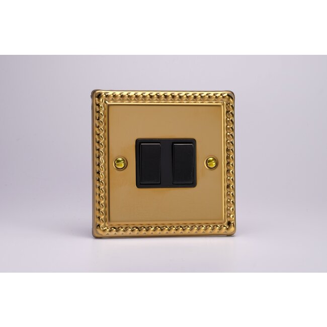 Varilight Classic 2-Gang 10A 1- or 2-Way Rocker Switch Black Georgian Brass Black Rockers