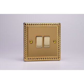 Varilight Classic 2-Gang 10A 1- or 2-Way Rocker Switch with Metal Rockers Decorative Georgian Brass Brass Rockers
