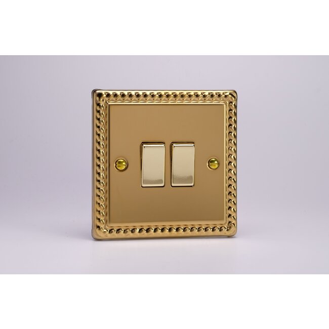Varilight Classic 2-Gang 10A 1- or 2-Way Rocker Switch with Metal Rockers Decorative Georgian Brass Brass Rockers