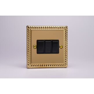 Varilight Classic 3-Gang 10A 1- or 2-Way Rocker Switch Black Georgian Brass Black Rockers
