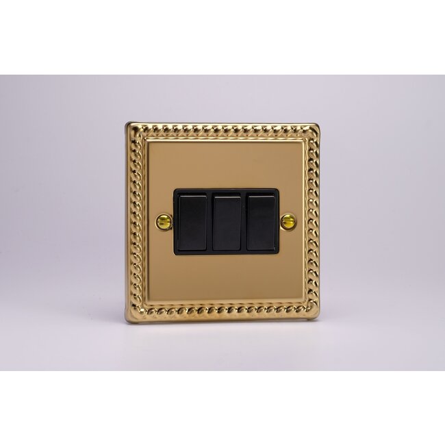 Varilight Classic 3-Gang 10A 1- or 2-Way Rocker Switch Black Georgian Brass Black Rockers