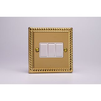 Varilight Classic 3-Gang 10A 1- or 2-Way Rocker Switch White Georgian Brass White Rockers