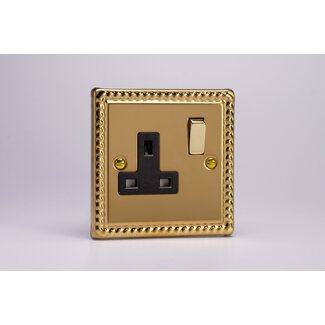 Varilight Classic 1-Gang 13A Double Pole Switched Socket with Metal Rockers Black Georgian Brass Brass/Black Inserts