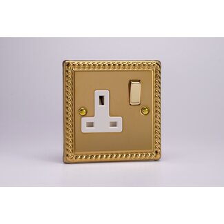 Varilight Classic 1-Gang 13A Double Pole Switched Socket with Metal Rockers White Georgian Brass Brass/White Inserts