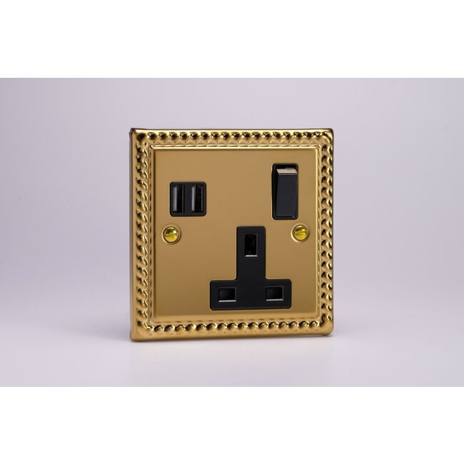 Varilight Classic 1-Gang 13A Single Pole Switched Socket + 2x5V DC 3400mA USB Charging Ports  Black Georgian Brass Black Inserts