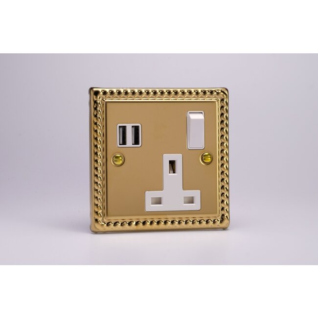 Varilight Classic 1-Gang 13A Single Pole Switched Socket + 2x5V DC 3400mA USB Charging Ports  White Georgian Brass White Inserts