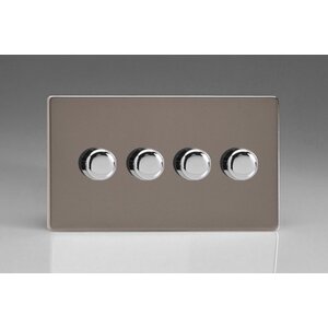 Varilight Screwless 4-Gang 2-Way Push-On/Off Rotary LED Dimmer 4 x 0-120W (1-10 LEDs) (Twin Plate) V-Pro Pewter Chrome Knobs