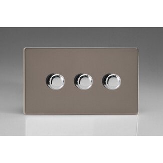 Varilight Screwless 3-Gang 2-Way Push-On/Off Rotary LED Dimmer 3 x 0-120W (1-10 LEDs) (Twin Plate) V-Pro Pewter Chrome Knobs