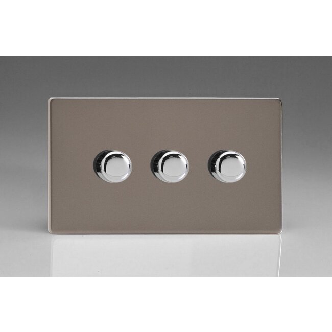 Varilight Screwless 3-Gang 2-Way Push-On/Off Rotary LED Dimmer 3 x 0-120W (1-10 LEDs) (Twin Plate) V-Pro Pewter Chrome Knobs