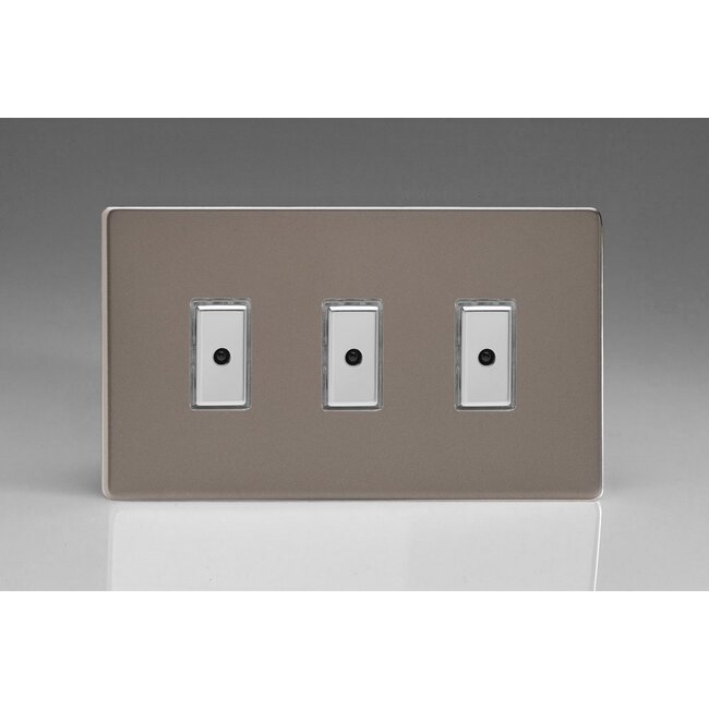 Varilight Screwless 3-Gang 1-Way V-Pro Multi-Point Remote/Tactile Touch Control Master LED Dimmer 3 x 0-100W (1-10 LEDs) (Twin Plate) V-Pro Multi-Point Remote (formerly Eclique2) Pewter Chrome Buttons