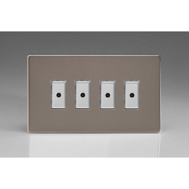 Varilight Screwless 4-Gang 1-Way V-Pro Multi-Point Remote/Tactile Touch Control Master LED Dimmer 4 x 0-100W (1-10 LEDs) (Twin Plate) V-Pro Multi-Point Remote (formerly Eclique2) Pewter Chrome Buttons