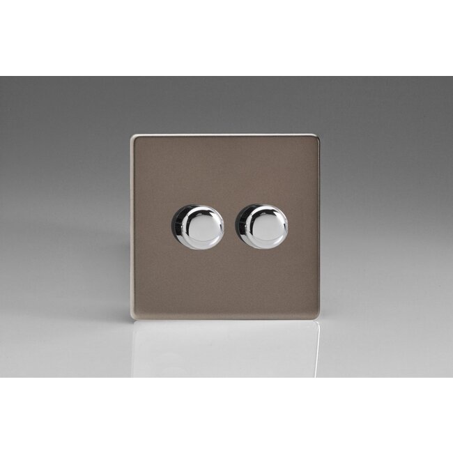 Varilight Screwless 2-Gang 2-Way Push-On/Off Rotary LED Dimmer 2 x 0-120W (1-10 LEDs) V-Pro Pewter Chrome Knobs