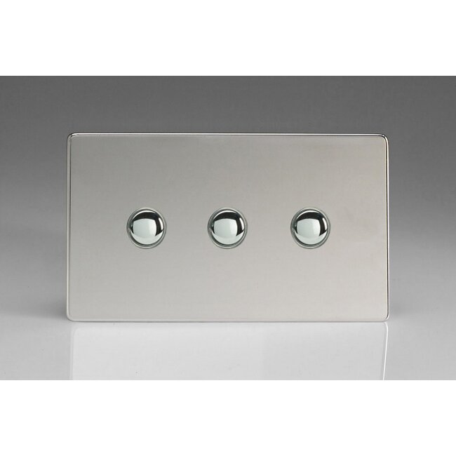 Varilight Screwless 3-Gang 6A 1- or 2-Way Push-On/Off Impulse Switch (Twin Plate) Decorative Polished Chrome Chrome Buttons