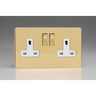 Varilight Screwless 2-Gang 13A Double Pole Switched Socket with Metal Rockers White Polished Brass Brass/White Inserts