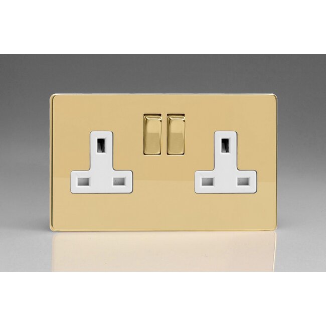 Varilight Screwless 2-Gang 13A Double Pole Switched Socket with Metal Rockers White Polished Brass Brass/White Inserts
