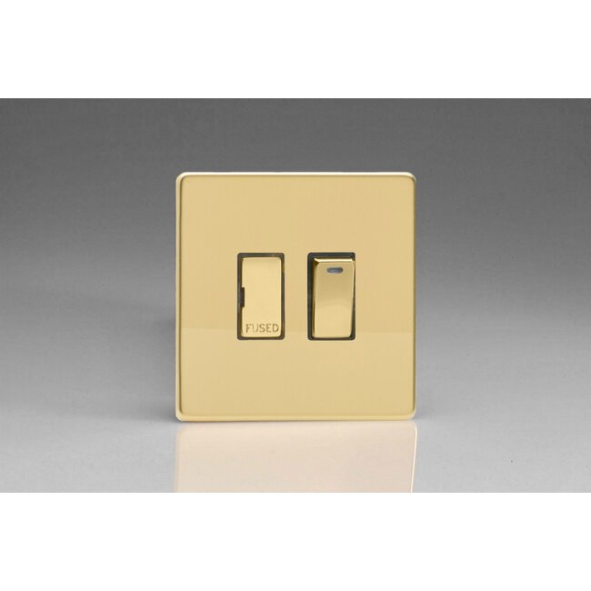 Varilight Screwless 13A Switched Fused Spur + Neon with Metal Inserts Decorative Polished Brass Brass Inserts