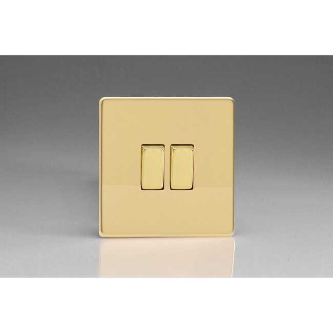 Varilight Screwless 2-Gang (10A Intermediate Switch + 10A 1- or 2-Way Rocker Switch) Decorative Polished Brass Brass Rockers