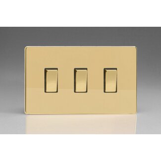 Varilight Screwless 3-Gang 10A 1- or 2-Way Rocker Switch (Twin Plate) Decorative Polished Brass Brass Rockers