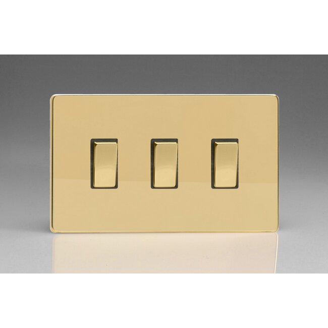 Varilight Screwless 3-Gang 10A 1- or 2-Way Rocker Switch (Twin Plate) Decorative Polished Brass Brass Rockers