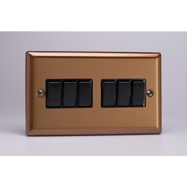 Varilight Urban 6-Gang 10A 1- or 2-Way Rocker Switch (Twin Plate) Black Brushed Bronze Black
