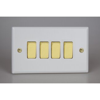 Varilight Vogue 4-Gang 10A 1- or 2-Way Rocker Switch (Twin Plate) with Metal Rockers Decorative Matt White Polished Brass