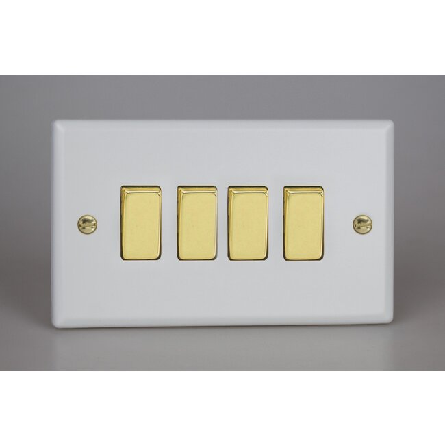 Varilight Vogue 4-Gang 10A 1- or 2-Way Rocker Switch (Twin Plate) with Metal Rockers Decorative Matt White Polished Brass