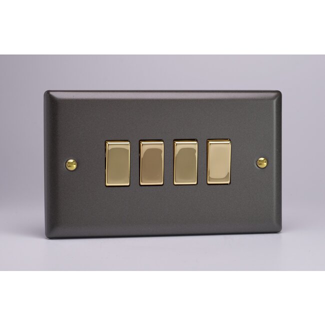 Varilight Vogue 4-Gang 10A 1- or 2-Way Rocker Switch (Twin Plate) with Metal Rockers Brass Slate Brass