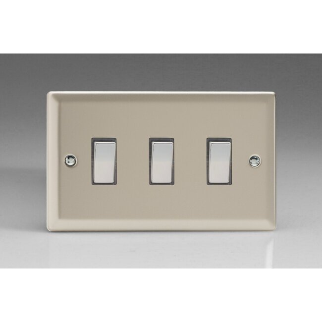 Varilight Classic 3-Gang 10A 1- or 2-Way Rocker Switch (Twin Plate) with Metal Rockers Decorative Satin Chrome Rockers