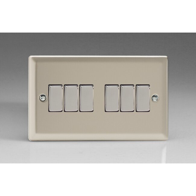 Varilight Classic 6-Gang 10A 1- or 2-Way Rocker Switch (Twin Plate) with Metal Rockers Decorative Satin Chrome Rockers