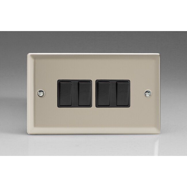 Varilight Classic 4-Gang 10A 1- or 2-Way Rocker Switch (Twin Plate) Black Satin Black Rockers