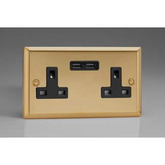 Varilight Classic 2-Gang 13A Unswitched Socket + 2x5V DC 2100mA USB Charging Ports Black Victorian Brass Black Inserts