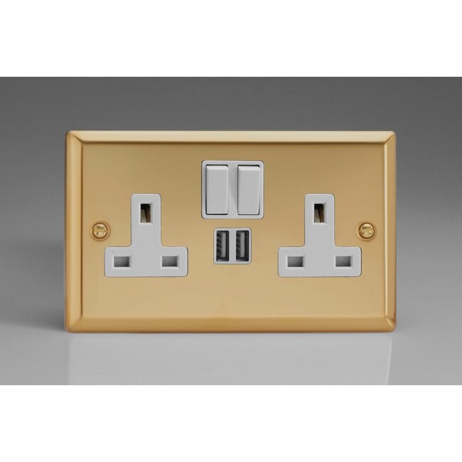 Varilight Classic 2-Gang 13A Single Pole Switched Socket + 2x5V DC 2100mA USB Charging Ports  White Victorian Brass White Inserts