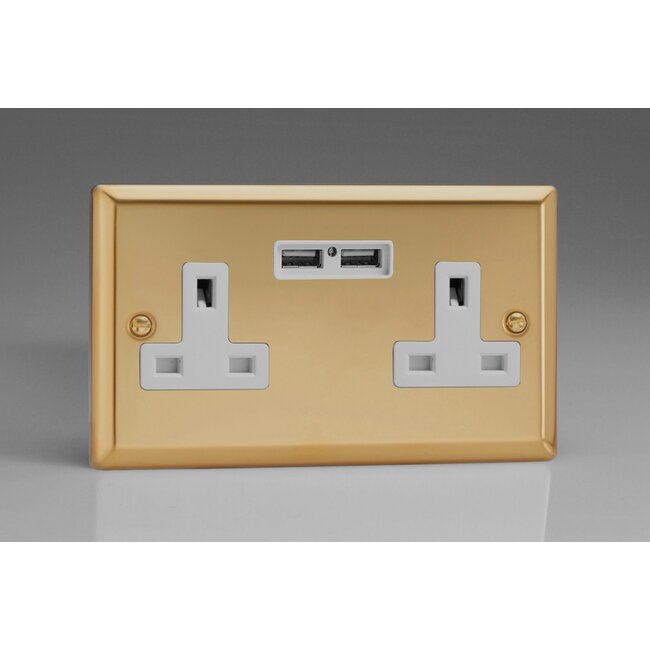 Varilight Classic 2-Gang 13A Single Pole Switched Socket + 2x5V DC 2100mA USB Charging Ports  White Victorian Brass White Inserts