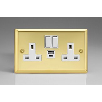 Varilight Classic 2-Gang 13A Single Pole Switched Socket with 1x USB A & 1x USB C Charging Ports White Victorian Brass White Insert