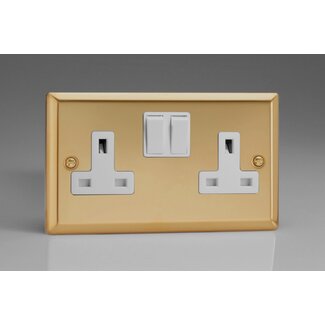 Varilight Classic 2-Gang 13A Double Pole Switched Socket White Victorian Brass White Inserts