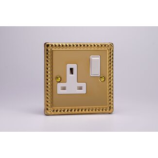 Varilight Classic 1-Gang 13A Double Pole Switched Socket  White Georgian Brass White Inserts