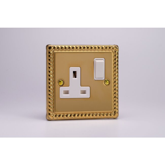 Varilight Classic 1-Gang 13A Double Pole Switched Socket  White Georgian Brass White Inserts