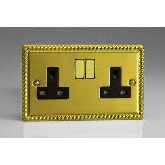 Varilight Classic 2-Gang 13A Double Pole Switched Socket with Metal Rockers Black Georgian Brass Brass/Black Inserts