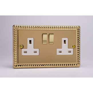 Varilight Classic 2-Gang 13A Double Pole Switched Socket with Metal Rockers White Georgian Brass Brass/White Inserts