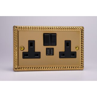 Varilight Classic 2-Gang 13A Single Pole Switched Socket + 2x5V DC 2100mA USB Charging Ports  Black Georgian Brass Black Inserts