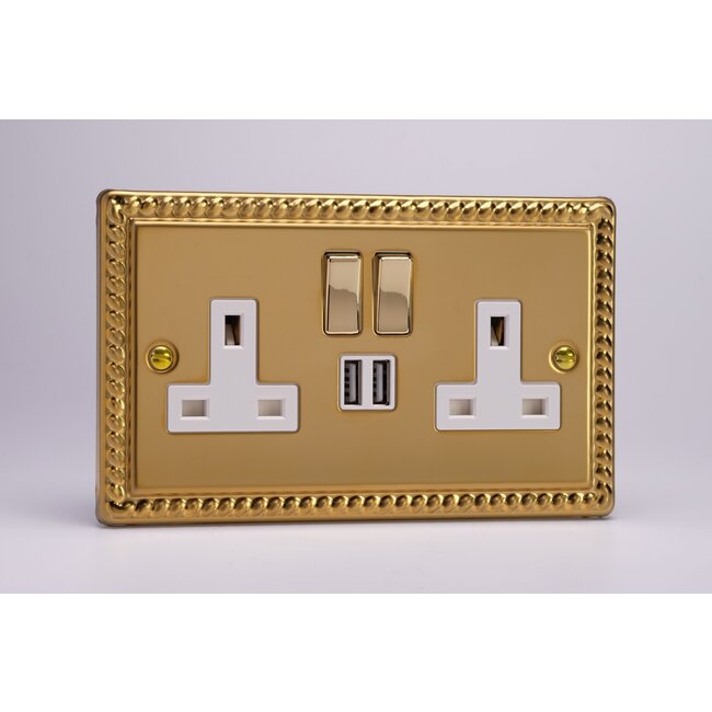 Varilight Classic 2-Gang 13A Single Pole Switched Socket with Metal Rockers + 2x5V DC 2100mA USB Charging Ports  White Georgian Brass Brass/White Inserts