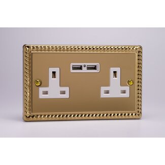 Varilight Classic 2-Gang 13A Unswitched Socket + 2x5V DC 2100mA USB Charging Ports White Georgian Brass White Inserts
