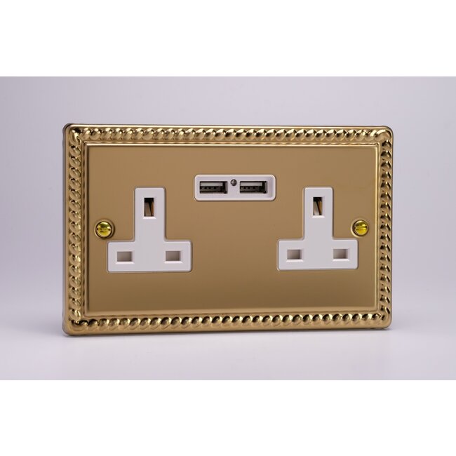 Varilight Classic 2-Gang 13A Unswitched Socket + 2x5V DC 2100mA USB Charging Ports White Georgian Brass White Inserts